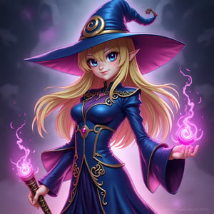 A hyper-realistic, lifelike human depiction of Dark Magician Girl from Yu-Gi-Oh!. She has natural, flowing golden blonde hair with realistic texture and depth, and bright, captivating blue eyes with detailed highlights and reflections. Her skin has a soft, realistic texture with subtle shading and natural pores. She wears a tight-fitting, blue and purple sorceress outfit with intricate gold and pink details that reflect a realistic fabric texture. The pointed hat features a unique spiral design and looks tangible, as if crafted from real material. She holds a magical staff with realistic metal and gemstone details in golden and purple accents. The character is surrounded by a pink-purple magical aura with soft, glowing light and realistic energy flow. The base shows deep blue mystical symbols that resemble ancient runes, and the background is a dark, mysterious purple sky with realistic lighting effects. Her expression is confident with a playful smile, capturing subtle emotions that add to her lifelike quality. The style is ultra-realistic, capturing every aspect of her costume, hairstyle, eyes, pose, and magical effects with the precision of a high-definition photo, making her appear as a real person in the physical world