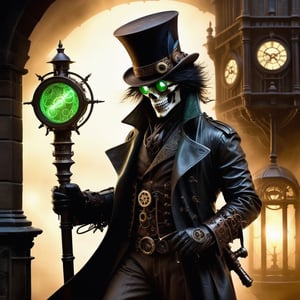 Imagine the Grim Reaper transformed into a Steampunk icon. He dons a dark, leather trench coat adorned with brass gears and intricate clockwork designs. His eyes glint from behind a pair of vintage, round goggles, their lenses tinted a haunting shade of green. On his head rests a tall, brown top hat decorated with feathers and small mechanical contraptions that whir softly. He wields a staff, its handle fashioned from polished wood, topped with a raven skull encased in a brass frame. A complex array of gears and pipes snake around his skeletal frame, hissing steam and glowing faintly in the dim, gas-lit ambiance. The backdrop is a misty, cobblestone alleyway, lined with old brick buildings and cast-iron lampposts. Ravens, mechanical and real, perch on the ledges, their eyes glimmering with an eerie intelligence. The entire scene is bathed in a sepia tone, evoking a sense of both ancient mystery and futuristic wonder.,LegendDarkFantasy