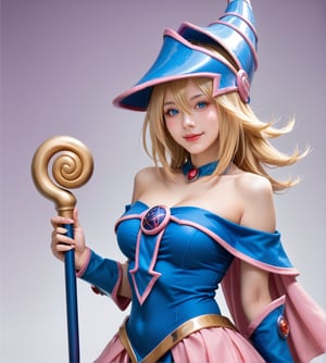 
A hyper-realistic depiction of a woman with flowing golden blonde hair, bright blue eyes, and lifelike skin texture with natural pores. She wears a tight blue and purple sorceress outfit with gold and pink details, a pointed hat with a spiral design, and holds a magical staff adorned with gold and purple gemstones. Surrounded by a soft pink-purple magical aura and set against a dark purple sky with ancient runes on the base. Her expression is confident with a playful smile, and the style captures high-definition realism in every detail,dark_magician_girl,score_9, score_8_up, score_7_up,source_real,real skin, BREAK Dark Magician Girl.