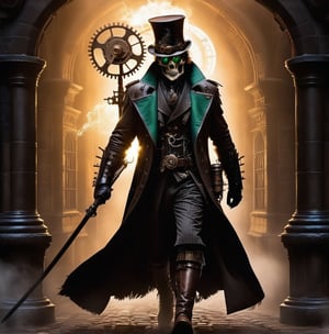 Imagine the Grim Reaper transformed into a Steampunk icon. He dons a dark, leather trench coat adorned with brass gears and intricate clockwork designs. His eyes glint from behind a pair of vintage, round goggles, their lenses tinted a haunting shade of green. On his head rests a tall, brown top hat decorated with feathers and small mechanical contraptions that whir softly. He wields a staff, its handle fashioned from polished wood, topped with a raven skull encased in a brass frame. A complex array of gears and pipes snake around his skeletal frame, hissing steam and glowing faintly in the dim, gas-lit ambiance. The backdrop is a misty, cobblestone alleyway, lined with old brick buildings and cast-iron lampposts. Ravens, mechanical and real, perch on the ledges, their eyes glimmering with an eerie intelligence. The entire scene is bathed in a sepia tone, evoking a sense of both ancient mystery and futuristic wonder.,LegendDarkFantasy