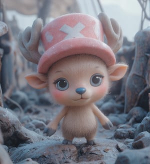 
((realistic style))


(chopper)A small, anthropomorphic reindeer standing on two legs, with light brown fur, a round blue nose, and expressive eyes. Wearing a pink hat with a white X, with small antlers poking through the top. His large eyes are filled with innocence, with soft, detailed fur and subtle light reflections on each hair. Short limbs and a gentle smile convey a sense of purity and kindness
Detailed fur texture that is soft and fluffy, with subtle light reflections on each strand, and slight shine on the fur tips, making it look realistic. The skin has a soft, textured feel with tiny pores, creating a lifelike skin texture for the character
The pink hat has fabric texture with slight wear and fine creases, giving it a sense of history as if it has been through many adventures. The antlers have a realistic texture, with tiny cracks and a natural sheen, enhancing the feeling of real material
Soft natural light coming from the side, creating layered shadows, with light penetrating the fur, adding depth and realism. The background is set on a pirate ship deck, showing wood with cracks and weathered marks, with tiny dust and scratches for added realism. The sea in the distance sparkles with gentle light reflections, giving the background a lived-in feel
A slight breeze stirs Chopper's fur, adding a natural, dynamic effect, making the character appear more lifelike
Ultra quality,Vivid,Denoise,Texture,Extreme quality,Ultra HD,4K.,4x upscale,UHD,Shruti denoise