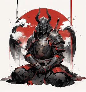 darth vader, weapon, armor,  japanese armor, helmet,  samurai, shoulder armor, moon, sheath, horns, gauntlets, sheathed, mask, standing, kusazuri, kabuto \(helmet\), pauldrons, death star, full armor, fake horns, (sitting, indian style:1.2), masterpiece, best quality, aesthetic, chinese ink painting, 