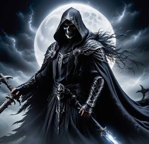 Imagine the Grim Reaper cloaked in Gothic elegance, embodying a sense of dark romance and haunting beauty. He wears a long, flowing black robe adorned with intricate lace and silver embroidery, the fabric shimmering faintly in the moonlight. His skeletal frame is partially obscured by the cascading layers of the robe, which trails behind him as he moves with a ghostly grace. His hood is deep and shadowy, concealing his face except for the glint of his hollow, piercing eyes.

In one hand, he carries an ornate scythe with a handle wrought from dark, polished wood, its blade etched with ancient runes and glinting with an otherworldly sheen. His other hand is adorned with delicate, silver rings and claw-like nails, each movement exuding an eerie elegance. The background is a desolate, moonlit graveyard, filled with weathered tombstones and twisted, gnarled trees. A misty fog swirls around his feet, adding to the chilling atmosphere.

Perched on his shoulders and hovering nearby are ravens, their black feathers blending seamlessly with the night. Their eyes glow with a mysterious light, reflecting the Grim Reaper’s eternal knowledge. The entire scene is bathed in a pale, silvery light, creating stark contrasts and deep shadows that enhance the Gothic ambiance. The Grim Reaper stands as a timeless sentinel, a figure of both dread and melancholy beauty, embodying the essence of the Gothic style.,DonMB4nsh33XL 