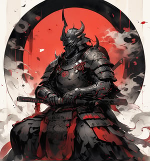 darth vader, weapon, armor,  japanese armor, helmet,  samurai, shoulder armor, moon, sheath, horns, gauntlets, sheathed, mask, standing, kusazuri, kabuto \(helmet\), pauldrons, death star, full armor, fake horns, (sitting, indian style:1.2), masterpiece, best quality, aesthetic, chinese ink painting, 