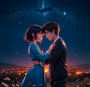 stars in the dark night sky 8k  
A couple embraces and gazes at each other under the starry sky
