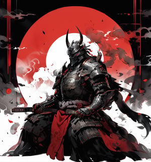 darth vader, weapon, armor,  japanese armor, helmet,  samurai, shoulder armor, moon, sheath, horns, gauntlets, sheathed, mask, standing, kusazuri, kabuto \(helmet\), pauldrons, death star, full armor, fake horns, (sitting, indian style:1.2), masterpiece, best quality, aesthetic, chinese ink painting, 