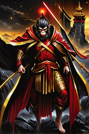 a man  Mythical hero Monkey-like features Playful yet serious expression Humanoid figure Expressive facial features Mystical aura Iconic headband Tail  
Ancient city Ultra-fine painting
Black armor
Red cloak
Fierce expression
Yellow metal staff
Indomitable will
Invincible aura
Lonely guardian
Warring States, Three Kingdoms style
Aerial view
Ferocious face
Sharp eyes
Fluttering armor and cloak
Ruined ancient city
Desolate atmosphere
Central figure
Dark sky
Dark, gray, brown tones Red and gold highlights


3D Realistic Style Highly detailed 4k, 8k, highres: 4K, 8K
Realistic, photorealistic, photo-realistic, in the style of esao andrews,DonM3lv3nM4g1cXL,LegendDarkFantasy