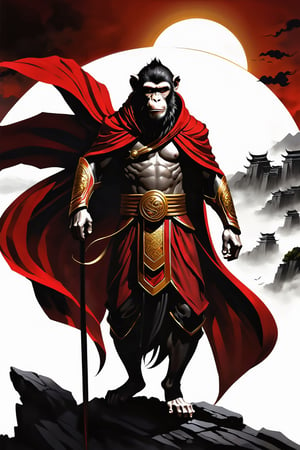 a man  Mythical hero Monkey-like features Playful yet serious expression Humanoid figure Expressive facial features Mystical aura Iconic headband Tail  
Ancient city Ultra-fine painting
Black armor
Red cloak
Fierce expression
Indomitable will
Invincible aura
Lonely guardian
Warring States, Three Kingdoms style
Aerial view
Ferocious face
Sharp eyes
Fluttering armor and cloak
Ruined ancient city
Desolate atmosphere
Central figure
Dark sky
Dark, gray, brown tones Red and gold highlights


3D Realistic Style Highly detailed 4k, 8k, highres: 4K, 8K
Realistic, photorealistic, photo-realistic, in the style of esao andrews,DonM3lv3nM4g1cXL,LegendDarkFantasy,more detail XL