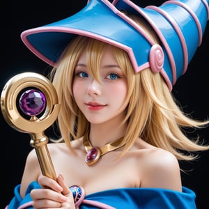 A hyper-realistic depiction of a woman with flowing golden blonde hair, bright blue eyes, and lifelike skin texture with natural pores. She wears a tight blue and purple sorceress outfit with gold and pink details, a pointed hat with a spiral design, and holds a magical staff adorned with gold and purple gemstones. Surrounded by a soft pink-purple magical aura and set against a dark purple sky with ancient runes on the base. Her expression is confident with a playful smile, and the style captures high-definition realism in every detail,dark_magician_girl,score_9, score_8_up, score_7_up,source_real,real skin, BREAK Dark Magician Girl.