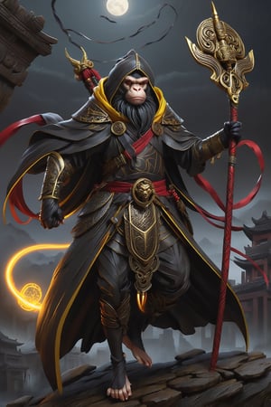 a man  Mythical hero Monkey-like features Playful yet serious expression Humanoid figure Expressive facial features Mystical aura Iconic headband Tail  
Ancient city Ultra-fine painting
Black armor
Red cloak
Fierce expression
Yellow metal staff
Indomitable will
Invincible aura
Lonely guardian
Warring States, Three Kingdoms style
Aerial view
Ferocious face
Sharp eyes
Fluttering armor and cloak
Ruined ancient city
Desolate atmosphere
Central figure
Dark sky
Dark, gray, brown tones


3D Realistic Style Highly detailed 4k, 8k, highres: 4K, 8K
Realistic, photorealistic, photo-realistic, in the style of esao andrews,DonM3lv3nM4g1cXL,LegendDarkFantasy