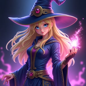 A hyper-realistic, lifelike human depiction of Dark Magician Girl from Yu-Gi-Oh!. She has natural, flowing golden blonde hair with realistic texture and depth, and bright, captivating blue eyes with detailed highlights and reflections. Her skin has a soft, realistic texture with subtle shading and natural pores. She wears a tight-fitting, blue and purple sorceress outfit with intricate gold and pink details that reflect a realistic fabric texture. The pointed hat features a unique spiral design and looks tangible, as if crafted from real material. She holds a magical staff with realistic metal and gemstone details in golden and purple accents. The character is surrounded by a pink-purple magical aura with soft, glowing light and realistic energy flow. The base shows deep blue mystical symbols that resemble ancient runes, and the background is a dark, mysterious purple sky with realistic lighting effects. Her expression is confident with a playful smile, capturing subtle emotions that add to her lifelike quality. The style is ultra-realistic, capturing every aspect of her costume, hairstyle, eyes, pose, and magical effects with the precision of a high-definition photo, making her appear as a real person in the physical world