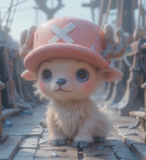 
((realistic style))


(chopper)A small, anthropomorphic reindeer standing on two legs, with light brown fur, a round blue nose, and expressive eyes. Wearing a pink hat with a white X, with small antlers poking through the top. His large eyes are filled with innocence, with soft, detailed fur and subtle light reflections on each hair. Short limbs and a gentle smile convey a sense of purity and kindness
Detailed fur texture that is soft and fluffy, with subtle light reflections on each strand, and slight shine on the fur tips, making it look realistic. The skin has a soft, textured feel with tiny pores, creating a lifelike skin texture for the character
The pink hat has fabric texture with slight wear and fine creases, giving it a sense of history as if it has been through many adventures. The antlers have a realistic texture, with tiny cracks and a natural sheen, enhancing the feeling of real material
Soft natural light coming from the side, creating layered shadows, with light penetrating the fur, adding depth and realism. The background is set on a pirate ship deck, showing wood with cracks and weathered marks, with tiny dust and scratches for added realism. The sea in the distance sparkles with gentle light reflections, giving the background a lived-in feel
A slight breeze stirs Chopper's fur, adding a natural, dynamic effect, making the character appear more lifelike
Ultra quality,Vivid,Denoise,Texture,Extreme quality,Ultra HD,4K.,4x upscale,UHD,Shruti denoise