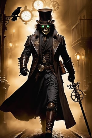 Imagine the Grim Reaper transformed into a Steampunk icon. He dons a dark, leather trench coat adorned with brass gears and intricate clockwork designs. His eyes glint from behind a pair of vintage, round goggles, their lenses tinted a haunting shade of green. On his head rests a tall, brown top hat decorated with feathers and small mechanical contraptions that whir softly. He wields a staff, its handle fashioned from polished wood, topped with a raven skull encased in a brass frame. A complex array of gears and pipes snake around his skeletal frame, hissing steam and glowing faintly in the dim, gas-lit ambiance. The backdrop is a misty, cobblestone alleyway, lined with old brick buildings and cast-iron lampposts. Ravens, mechanical and real, perch on the ledges, their eyes glimmering with an eerie intelligence. The entire scene is bathed in a sepia tone, evoking a sense of both ancient mystery and futuristic wonder.,LegendDarkFantasy