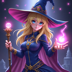 A hyper-realistic, lifelike human depiction of Dark Magician Girl from Yu-Gi-Oh!. She has natural, flowing golden blonde hair with realistic texture and depth, and bright, captivating blue eyes with detailed highlights and reflections. Her skin has a soft, realistic texture with subtle shading and natural pores. She wears a tight-fitting, blue and purple sorceress outfit with intricate gold and pink details that reflect a realistic fabric texture. The pointed hat features a unique spiral design and looks tangible, as if crafted from real material. She holds a magical staff with realistic metal and gemstone details in golden and purple accents. The character is surrounded by a pink-purple magical aura with soft, glowing light and realistic energy flow. The base shows deep blue mystical symbols that resemble ancient runes, and the background is a dark, mysterious purple sky with realistic lighting effects. Her expression is confident with a playful smile, capturing subtle emotions that add to her lifelike quality. The style is ultra-realistic, capturing every aspect of her costume, hairstyle, eyes, pose, and magical effects with the precision of a high-definition photo, making her appear as a real person in the physical world