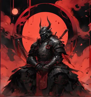 darth vader, weapon, armor,  japanese armor, helmet,  samurai, shoulder armor, moon, sheath, horns, gauntlets, sheathed, mask, standing, kusazuri, kabuto \(helmet\), pauldrons, death star, full armor, fake horns, (sitting, indian style:1.2), masterpiece, best quality, aesthetic, chinese ink painting, 