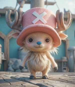 
((realistic style))


(chopper)A small, anthropomorphic reindeer standing on two legs, with light brown fur, a round blue nose, and expressive eyes. Wearing a pink hat with a white X, with small antlers poking through the top. His large eyes are filled with innocence, with soft, detailed fur and subtle light reflections on each hair. Short limbs and a gentle smile convey a sense of purity and kindness
Detailed fur texture that is soft and fluffy, with subtle light reflections on each strand, and slight shine on the fur tips, making it look realistic. The skin has a soft, textured feel with tiny pores, creating a lifelike skin texture for the character
The pink hat has fabric texture with slight wear and fine creases, giving it a sense of history as if it has been through many adventures. The antlers have a realistic texture, with tiny cracks and a natural sheen, enhancing the feeling of real material
Soft natural light coming from the side, creating layered shadows, with light penetrating the fur, adding depth and realism. The background is set on a pirate ship deck, showing wood with cracks and weathered marks, with tiny dust and scratches for added realism. The sea in the distance sparkles with gentle light reflections, giving the background a lived-in feel
A slight breeze stirs Chopper's fur, adding a natural, dynamic effect, making the character appear more lifelike
Ultra quality,Vivid,Denoise,Texture,Extreme quality,Ultra HD,4K.,4x upscale,UHD,Shruti denoise