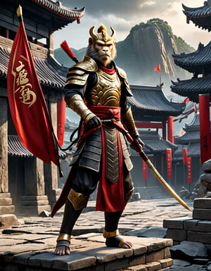  Sun Wukong, the Monkey King, clad in black armor and wielding his Ruyi Jingu Bang (Golden Cudgel), stands before the gate of an ancient city
Background he ancient city behind him is in ruins, with enemy
flags planted on the walls
Playful yet serious expression
Humanoid figure
Expressive facial features
Mystical aura
Iconic headband
Tail
Ancient city
Ultra-fine painting
Black armor
Red cloak
Fierce expression
Indomitable will
Invincible aura
Lonely guardian
Warring States, Three Kingdoms style
Aerial view
Ferocious face
Sharp eyes
Fluttering armor and cloak
Ruined ancient city
Desolate atmosphere
Central figure
Dark sky
Dark, gray, brown tones
3D Realistic Style
Highly detailed
4k, 8k, highres
Realistic, photorealistic, photo-realistic