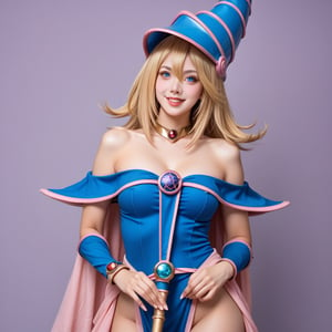 A hyper-realistic depiction of a woman with flowing golden blonde hair, bright blue eyes, and lifelike skin texture with natural pores. She wears a tight blue and purple sorceress outfit with gold and pink details, a pointed hat with a spiral design, and holds a magical staff adorned with gold and purple gemstones. Surrounded by a soft pink-purple magical aura and set against a dark purple sky with ancient runes on the base. Her expression is confident with a playful smile, and the style captures high-definition realism in every detail,dark_magician_girl,score_9, score_8_up, score_7_up,source_real,real skin, BREAK Dark Magician Girl.