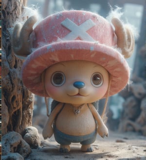 
((realistic style))


(chopper)A small, anthropomorphic reindeer standing on two legs, with light brown fur, a round blue nose, and expressive eyes. Wearing a pink hat with a white X, with small antlers poking through the top. His large eyes are filled with innocence, with soft, detailed fur and subtle light reflections on each hair. Short limbs and a gentle smile convey a sense of purity and kindness
Detailed fur texture that is soft and fluffy, with subtle light reflections on each strand, and slight shine on the fur tips, making it look realistic. The skin has a soft, textured feel with tiny pores, creating a lifelike skin texture for the character
The pink hat has fabric texture with slight wear and fine creases, giving it a sense of history as if it has been through many adventures. The antlers have a realistic texture, with tiny cracks and a natural sheen, enhancing the feeling of real material
Soft natural light coming from the side, creating layered shadows, with light penetrating the fur, adding depth and realism. The background is set on a pirate ship deck, showing wood with cracks and weathered marks, with tiny dust and scratches for added realism. The sea in the distance sparkles with gentle light reflections, giving the background a lived-in feel
A slight breeze stirs Chopper's fur, adding a natural, dynamic effect, making the character appear more lifelike
Ultra quality,Vivid,Denoise,Texture,Extreme quality,Ultra HD,4K.,4x upscale,UHD,Shruti denoise