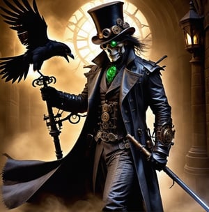 Imagine the Grim Reaper transformed into a Steampunk icon. He dons a dark, leather trench coat adorned with brass gears and intricate clockwork designs. His eyes glint from behind a pair of vintage, round goggles, their lenses tinted a haunting shade of green. On his head rests a tall, brown top hat decorated with feathers and small mechanical contraptions that whir softly. He wields a staff, its handle fashioned from polished wood, topped with a raven skull encased in a brass frame. A complex array of gears and pipes snake around his skeletal frame, hissing steam and glowing faintly in the dim, gas-lit ambiance. The backdrop is a misty, cobblestone alleyway, lined with old brick buildings and cast-iron lampposts. Ravens, mechanical and real, perch on the ledges, their eyes glimmering with an eerie intelligence. The entire scene is bathed in a sepia tone, evoking a sense of both ancient mystery and futuristic wonder.,LegendDarkFantasy