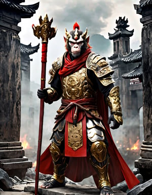 Subject: Sun Wukong, the Monkey King, clad in black armor and wielding his Ruyi Jingu Bang (Golden Cudgel), stands before the gate of an ancient city
Background he ancient city behind him is in ruins, with enemy
flags planted on the walls
Playful yet serious expression
Humanoid figure
Expressive facial features
Mystical aura
Iconic headband
Tail
Ancient city
Ultra-fine painting
Black armor
Red cloak
Fierce expression
Indomitable will
Invincible aura
Lonely guardian
Warring States, Three Kingdoms style
Aerial view
Ferocious face
Sharp eyes
Fluttering armor and cloak
Ruined ancient city
Desolate atmosphere
Central figure
Dark sky
Dark, gray, brown tones
3D Realistic Style
Highly detailed
4k, 8k, highres
Realistic, photorealistic, photo-realistic