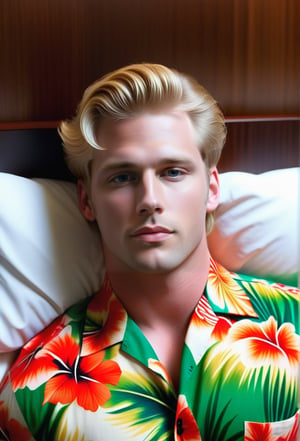  a blond haired man named Glen in a hawaiian shirt is laying on a bed in a hotel room. 