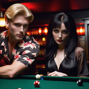 a blond haired man named Glen wearing a black hawaiian shirt is playing billards at a tavern bar with a femme fatale woman in a goth dress with black hair named June. noir. Dramatic lighting. Vampnoir.