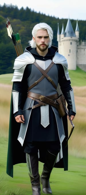 Full body image of a 24-year-old man with striking white hair and a beard, standing solo on a grassy landscape near the castle, He is adorned with jewelry, wearing boots, a belt, and a hooded cape. He holds an arrow as his weapon, with a quiver at his side. The clear lines look accentuates his attire and accessories. The male focus is on his facial features and the detailed elements of his ensemble, with the lighting emphasizing the contrast between his white hair and the natural setting.