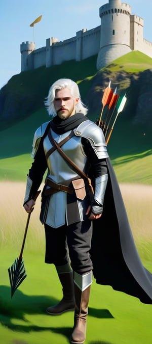 Full body image of a 24-year-old man with striking white hair and a beard, standing solo on a grassy landscape near the castle, He is adorned with jewelry, wearing boots, a belt, and a hooded cape. He holds an arrow as his weapon, with a quiver at his side. The clear lines look accentuates his attire and accessories. The male focus is on his facial features and the detailed elements of his ensemble, with the lighting emphasizing the contrast between his white hair and the natural setting.