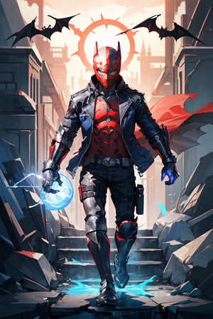 an accurate and detailed full-body shot of a male superhero character named Redon, 1male, (Red mask covering mouth:1.3), Tousled silver-white punk-rock hair, (Blue Eyes:1.2), (Stylish blue leather jacket with tactical elements), silver zippers and buckles, (Black undershirt:1.5), (right arm has a Metallic-blue cyberized gauntlet:1.4), (bare left arm:1.2),  (red arcane Bat symbol on chest:1.5), distressed leather moto pants, armored greaves, Knee guards, black combat boots, best quality, masterpiece, 4K, nero, rhdc, a man, gray skintight suit, gloves, belt, boots, red helmet, brown leather jacket, (masterpiece