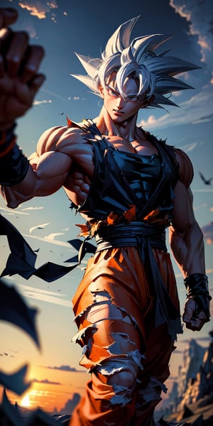 masterpiece, high quality, detailed lighting, son goku, (solo), 1boy, battle damage, (best quality), muscular, blue sky, blurry, blurry background, glacier, male focus, sky, solo, ultra instinct, white hair, torn clothes, (good hands), (masterpiece), anatomy, , son goku,son goku,giant_this_guy