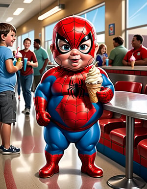 full body image, Spider Man fat belly, (tom holand) as a toddler, standing at cafeteria, eating ice cream, extreme caricature
,more detail XL