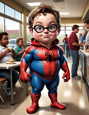 full body image, Spider Man fat belly, (tom holand) as a toddler, standing at cafeteria,  extreme caricature
,more detail XL