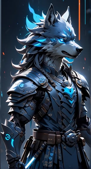 (((anthracite consept))), ((blue wolf head, pointed beak)), (masterpiece, best quality:1.5), EpicLogo, glowing armor, robot, blue metal irradiated samurai suit, look on viewer, wolf style, central view, hyper real, hues, Movie Still, samurai, full body, cinematic scene, intricate mech details , ground level shot, 8K resolution, Cinema 4D, Behance HD, polished metal, shiny, data, hair in dreadlock braids, katana on chest plate, glowing sword, skyfall background, muscular and broad shouldered, anthracite