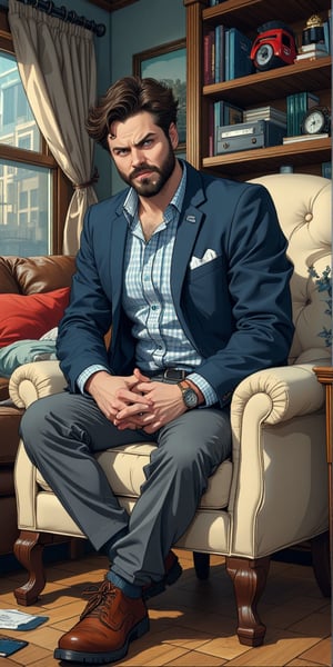 a cartoon anime man is seated on a cream-colored armchair, adorned with a blue and white checkered shirt, a blue blazer, gray pants, His hands are clasped in front of him, and he has a naughty expression on his face. To his left, a brown leather couch, and a red throw pillow are scattered on the floor. To the right of the man, a wooden shelf is adorned with books, a red toy car a clock and a framed picture.