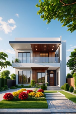 (masterpiece),(high quality), best quality, real,(realistic), super detailed, (full detail),(4k),8k,modern house exterior design,Modern architecture,Beautiful_sky,Day light, no_humans, outdoors,sky,tree,Garden flower front of building,