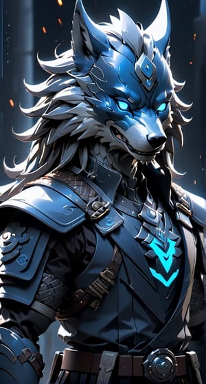 (((anthracite consept))), ((blue wolf head, pointed beak)), (masterpiece, best quality:1.5), EpicLogo, glowing armor, robot, blue metal irradiated samurai suit, look on viewer, wolf style, central view, hyper real, hues, Movie Still, samurai, full body, cinematic scene, intricate mech details , ground level shot, 8K resolution, Cinema 4D, Behance HD, polished metal, shiny, data, hair in dreadlock braids, katana on chest plate, glowing sword, skyfall background, muscular and broad shouldered, anthracite