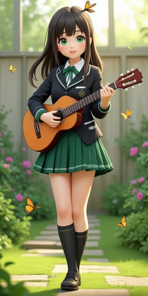 A cute anime girl in a black and green school uniform, playing a guitar with piercing green eyes, standing in a school garden. Butterflies flutter around her, with the garden in the background, soft natural lighting highlighting her playful expression and the vibrant colors of her outfit.,3d render