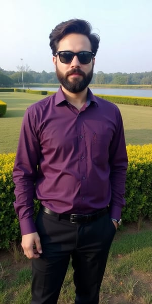 a man stands in front of a hedge, dressed in a purple button-down long-sleeved button-up shirt, black pants, and black shoes. He has a brown beard, mustache, and dark sunglasses on his face. His hair is neatly combed, and he is standing in a field of grass, with a body of water in the background. The sky is a pale blue, and the sun casts a shadow on the grass.