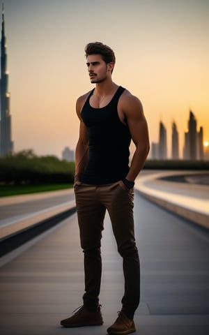 1boy, 24 yo boy, Full body Image, Handsome face, model look, light brown colored hairs, short hairs, hunter eyes, light pale brown color eyes, sharp_nose, sharp_teeth, visible jawline, athletic body, wearing black T shirt, black cargo pant, brown shoes.
Standing in dynamic pose,
road side walk through from the front of burj al-khalifa in Dubai,1guy,photo r3al,Enhanced All