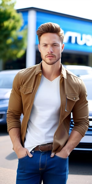 Masterpiece, Handsome man 30 yo, light_brown_hair, model face, hunter eyes, light brown iris eyes, athletic body, wearing white tshirt, blue jeans pant, looking_at_viewer, standing model pose, standing at road side front of a car showroom,
,Handsome Man,more detail XL