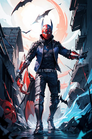 an accurate and detailed full-body shot of a male superhero character named Redon, 1male, (Red mask covering mouth:1.3), Tousled silver-white punk-rock hair, (Blue Eyes:1.2), (Stylish blue leather jacket with tactical elements), silver zippers and buckles, (Black undershirt:1.5), (right arm has a Metallic-blue cyberized gauntlet:1.4), (bare left arm:1.2),  (red arcane Bat symbol on chest:1.5), distressed leather moto pants, armored greaves, Knee guards, black combat boots, best quality, masterpiece, 4K, nero, rhdc, a man, gray skintight suit, gloves, belt, boots, red helmet, brown leather jacket, (masterpiece