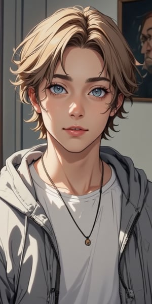 A close-up shot of a animated anime young man with a gray hooded sweatshirt over his shoulders. He is wearing a white t-shirt and a necklace around his neck. His hair is styled in a wavy bob. His eyes are a piercing blue and he has a slight smile on his face. His eyebrows are a light brown color and his hair is a light brown. His left ear is slightly visible and he is slightly turned to the left. The backdrop is a light gray wall with a painting hanging on it.