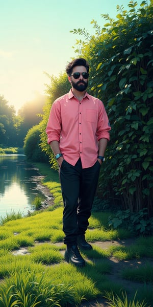 a cartoon anime man stands in front of a hedge, dressed in a pink button-down long-sleeved button-up shirt, black pants, and black shoes. He has a black beard, mustache, and dark sunglasses on his face. His hair is neatly combed, and he is standing in a field of grass, with a body of water in the background. The sky is a pale blue, and the sun casts a shadow on the grass.