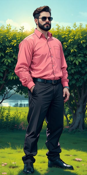 a cartoon anime man stands in front of a hedge, dressed in a pink button-down long-sleeved button-up shirt, black pants, and black shoes. He has a black beard, mustache, and dark sunglasses on his face. His hair is neatly combed, and he is standing in a field of grass, with a body of water in the background. The sky is a pale blue, and the sun casts a shadow on the grass.