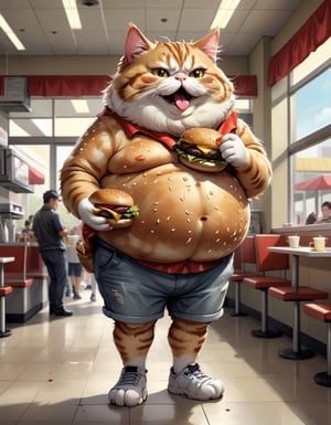 full body image, Cat fluffy fat belly, eating burgers, standing at cafeteria,  extreme caricature
,more detail XL