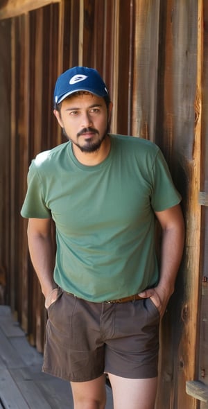 Captured at eye-level, a medium-sized man stands on a wooden deck in front of a wooden wall. He is dressed in a short-sleeved green t-shirt, brown shorts, brown shoes, and a brown belt. His left hand is holding a blue and white hat, while his right hand is resting on his hip. His hair is short and dark, and he has a goatee and mustache. His eyes are squinted. The sun is shining on the left side of the image, casting a shadow on the wooden deck.