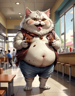 full body image, Cat fluffy fat belly, eating dates, standing at cafeteria,  extreme caricature
,more detail XL