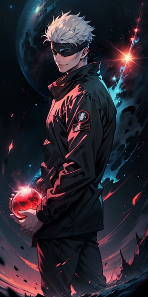 1boy, satoru gojo, blindfold, black jacket, white hair, standing, cowboy_shot, floating red energy sphere, floating blue energy sphere, smirk, black universe background, wallpaper, cinematic,fantasy00d