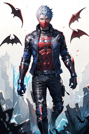 an accurate and detailed full-body shot of a male superhero character named Redon, 1male, (Red mask covering mouth:1.3), Tousled silver-white punk-rock hair, (Blue Eyes:1.2), (Stylish blue leather jacket with tactical elements), silver zippers and buckles, (Black undershirt:1.5), (right arm has a Metallic-blue cyberized gauntlet:1.4), (bare left arm:1.2),  (red arcane Bat symbol on chest:1.5), distressed leather moto pants, armored greaves, Knee guards, black combat boots, best quality, masterpiece, 4K, nero, rhdc, a man, gray skintight suit, gloves, belt, boots, red helmet, brown leather jacket, (masterpiece